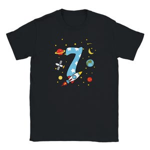 Birthday shirt for a 7-year-old boy, rocket design – space-themed children's T-shirt, astronaut outfit, 7th birthday gift Schwarz