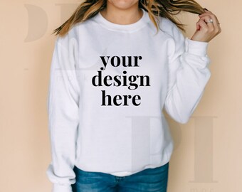 Sweatshirt Mockup, White Gildan 18000, Digital Mockup