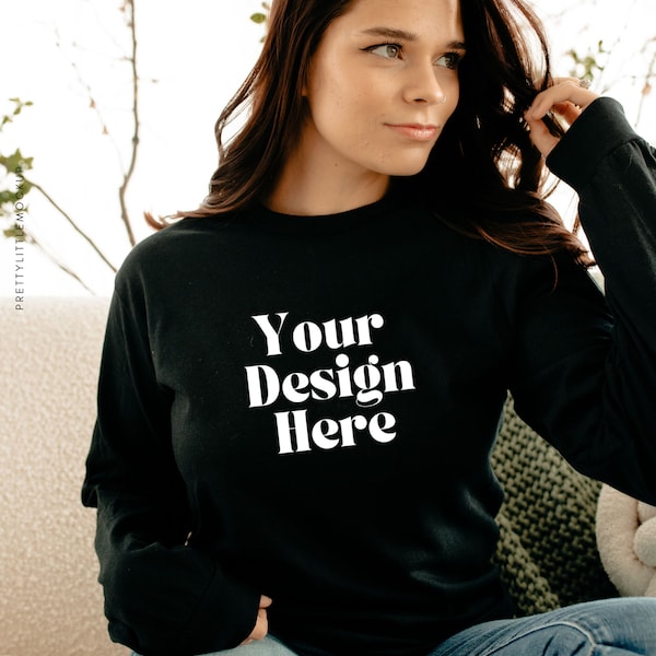 Long Sleeve Studio Shoot Mockup, Gildan 24000, Gildan Black Long Sleeve Mockup, Model Mockup, Pretty Little Mockup