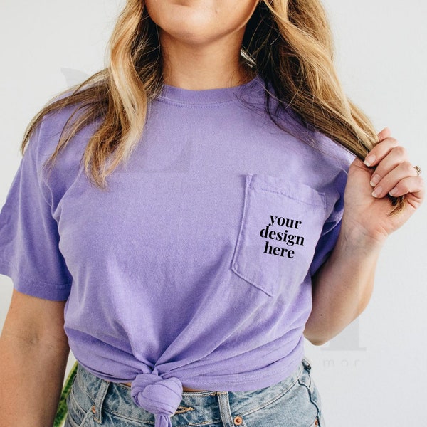 Comfort Colors, 6030 Pocket Tee, Violet, Model Mockup