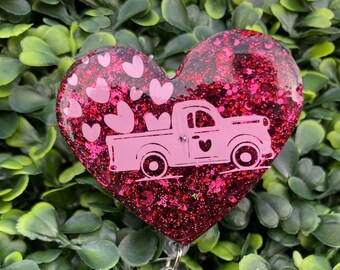 Red and Pink Glittered Valentines Heart Truck Badge Reel