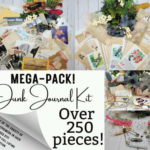 240+ Pieces Mega Pack Vintage Ephemera JUNK JOURNAL Collage Kit. HUGE Collection of Ads, Book Pages, Ribbon, Lace/Fabric-Stickers +More