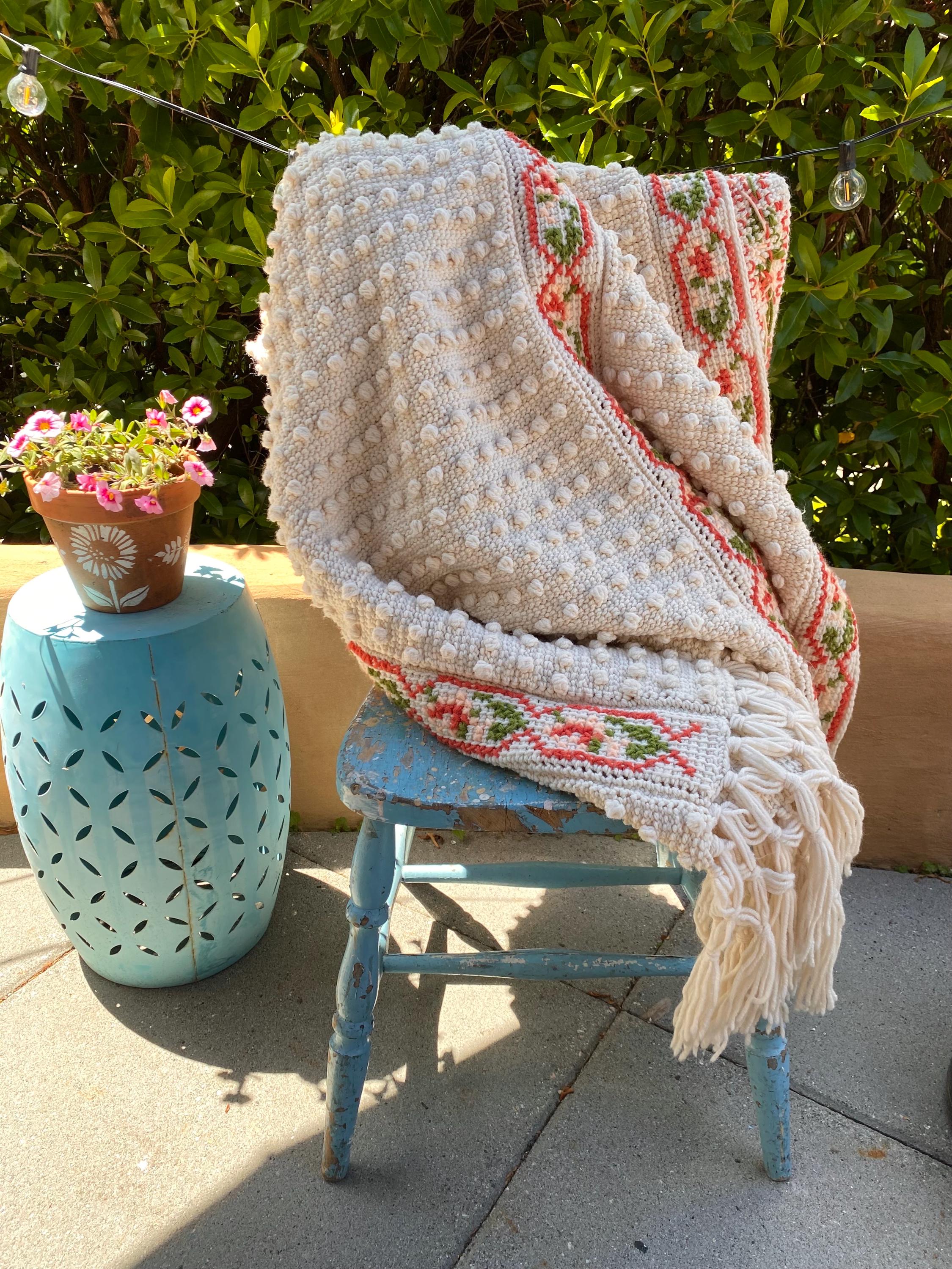 1970s Tunisian Cross Stitch Tea Rose Blanket, Tunisian Crochet Blanket, Hand Crochet Blanket, Rose Blanket Crochet, Popcorn Crochet Blanket