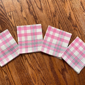 NOS 4 linnen gestreepte servetten jaren 1950, vintage stoffen servetten, keuken jaren 1940, keuken jaren 1950, linnen servetten, roze en witte servetten