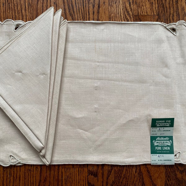 NOS 4 1950s Ecru Linen Placemat + Napkin Set by Imperial Linen, Linen Placemats, Placemat Set of 4, Linen Napkins