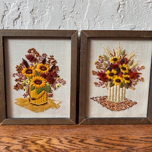 Two Vintage Framed Floral Crewel, Vintage Needlepoint, Vintage Crewel, Crewel Framed, Crewel Embroidery, Flower Artwork, Sunflower Art