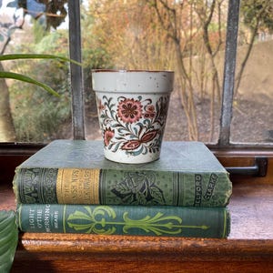 Puede incluir: Una pequeña maceta de cerámica blanca con borde moteado y diseño floral en rosa, marrón y verde azulado, se encuentra sobre dos libros verdes vintage. Los libros están apilados en un alféizar de madera.