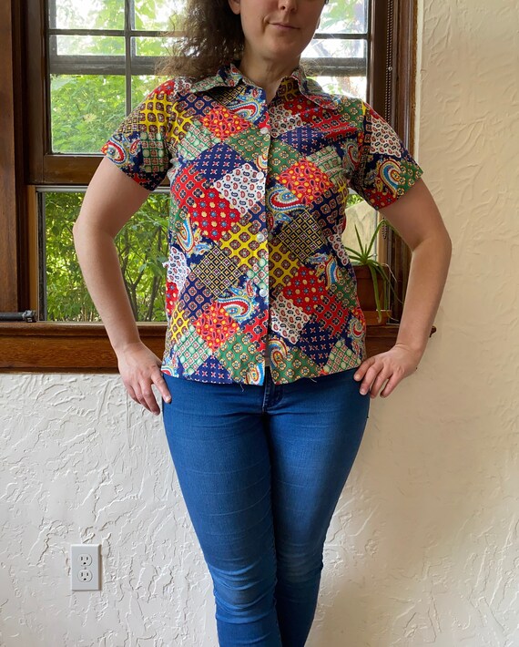 Price Drop! Vintage Patchwork Button Up Blouse, Sh