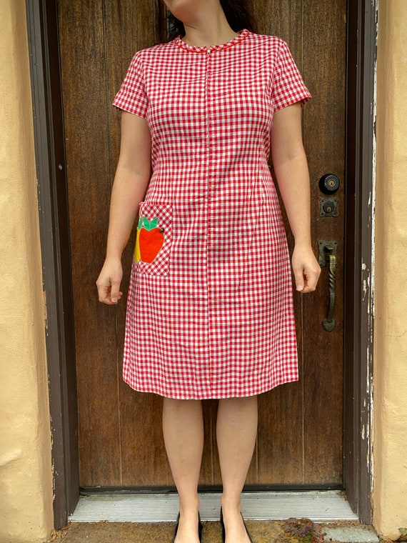 Mid Century Red Gingham Apple Appliqué Dress, Appl