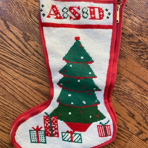 Price Drop! Vtg Xmas Needlepoint Stocking, Vintage Christmas Stocking, Needlepoint Stocking, Christmas Tree Stocking, Mid Century Christmas