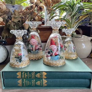 4 Vintage Handmade Shiny Brite Diorama in Parfait Glasses, Mid Century Christmas, Christmas Diorama, Retro Christmas Decor