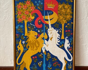 Mid Century Framed Lion & Unicorn Irish Linen, Unicorn in Captivity, Mid Century Decor, Mid Century Art, Medieval Home Decor