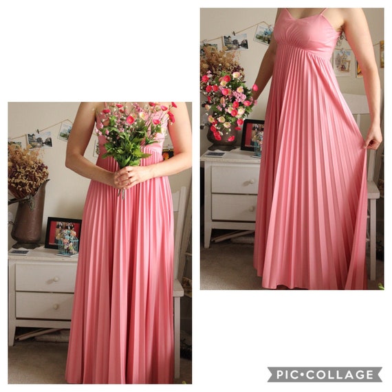 Vintage 1970s Pleated Pink Maxi Dress, Long Summer