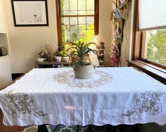 PriceDrop! Vintage Flower Cross Stitch Tablecloth w/Scalloped Edges, Cross Stitch Tablecloth, Linen Tablecloth, Vintage Kitchen, MCM Kitchen