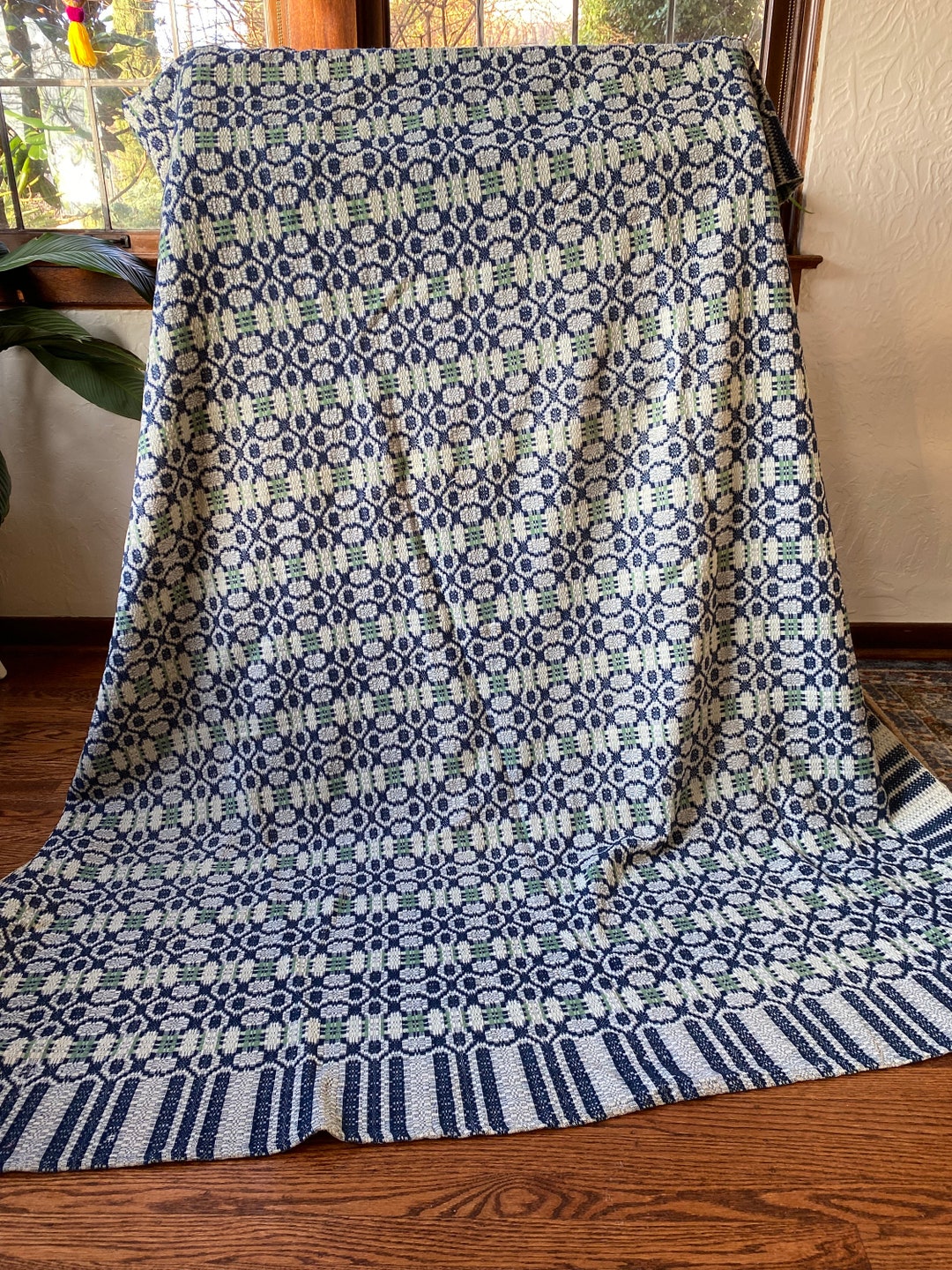 Antique Woven Blue & Green Coverlet, Overshot Coverlet, Antique