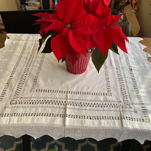 May include: A white crocheted tablecloth with a scalloped edge and intricate lacework. A red poinsettia plant is centred on the tablecloth in a red pot.