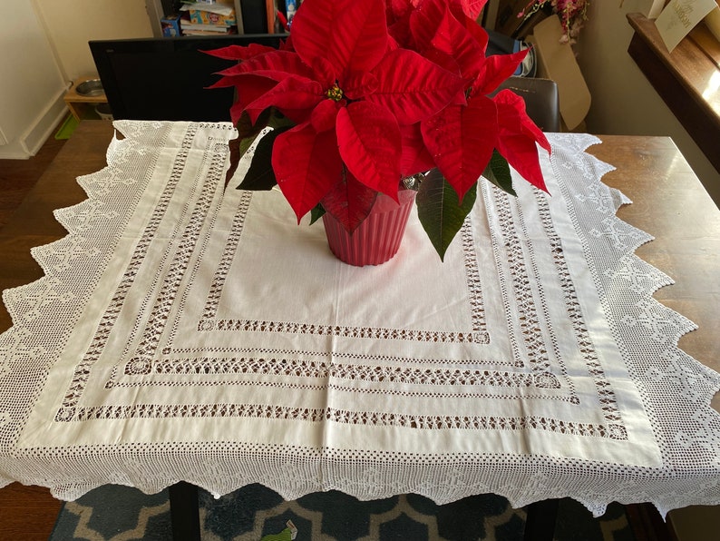 May include: A white crocheted tablecloth with a scalloped edge and intricate lacework. A red poinsettia plant is centred on the tablecloth in a red pot.