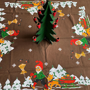 Vintage Norwegian Julbock Christmas Tablecloth, Christmas Tablecloth, Cabin Christmas, Norwegian Christmas, Scandinavian Christmas