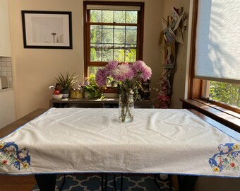 Price Drop! Vintage Cross Stitch Embroidery Blue Bird Flower Tablecloth, Cross Stitch Tablecloth, Bird Cross Stitch, Blue Bird Embroidery