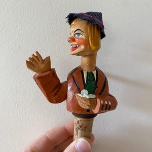 Vintage Anri Wooden Austrian Mechanical Bottle Stopper, Wooden Bottle Stopper, Wine Bottle Stoppers, Oktoberfest, Edelweiss