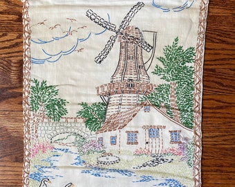 Vintage Duck & Dutch Windmill French Knot Embroidery Wall Hanging, Antique Farmhouse, Dutch Windmill Wall Art, Needlework Art