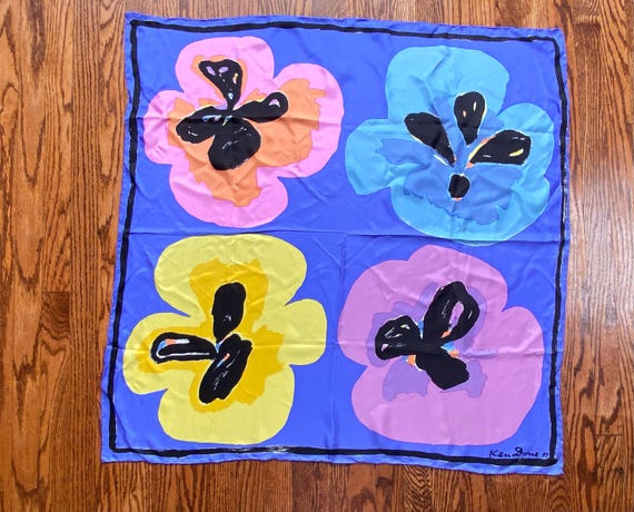 1997 Ken Done Pop Art Pansies Silk Scarf, Mid Century Scarf, Vintage Flower Scarf, Ken Done Scarf, Ken Done Scarves,