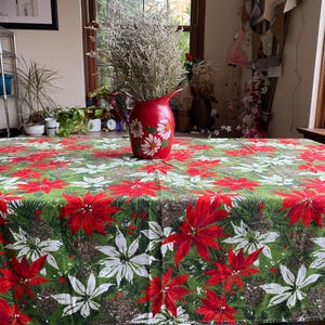 Toalha de mesa feita à mão de meados do século com poinsétia e pinha, toalha de mesa retrô de Natal, toalha de mesa de poinsétia, Natal de meados do século