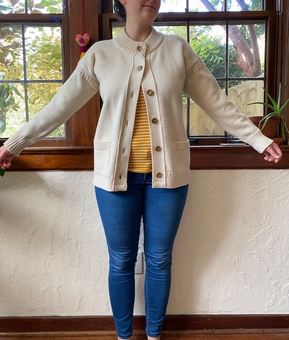Vintage Guernsey Cream Cardigan Sweater, Cable Kni