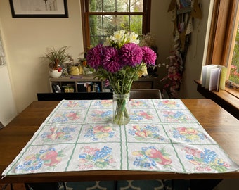 Vintage Faded 40’s Fruit-n-Flower Tablecloth, Peach Tablecloth, Apple Tablecloth, Pear Tablecloth, 1940s Home Decor