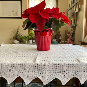 May include: A red poinsettia plant in a red pot sits on a white crocheted tablecloth. The tablecloth has a scalloped edge. The plant is in focus, and the background is blurred.