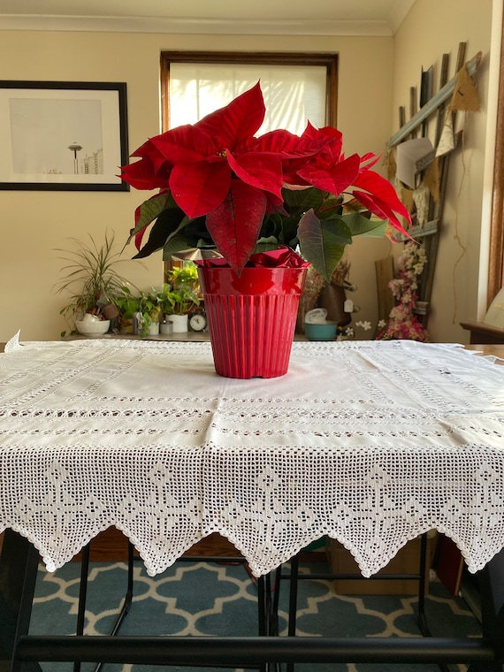 Antique White Irish Linen Tablecloth w/ Cross Crochet Edge, Irish Linen Tablecloth, White Tablecloth, Antique Tablecloth, Crochet Linen