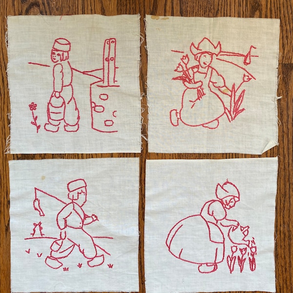 Price Drop! 1911-1913 Red Work Penny Square Quilt Blocks by School Boy, Dutch Boy and Girl, Red Work Embroidery, Redwork Embroidery Design