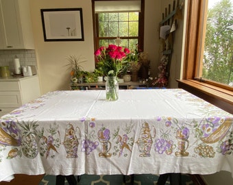 Vintage California Handprint Antique Kitchen Tablecloth, California Handprint Tablecloth,  Tablecloth, MCM Kitchen, Fruit Tablecloth