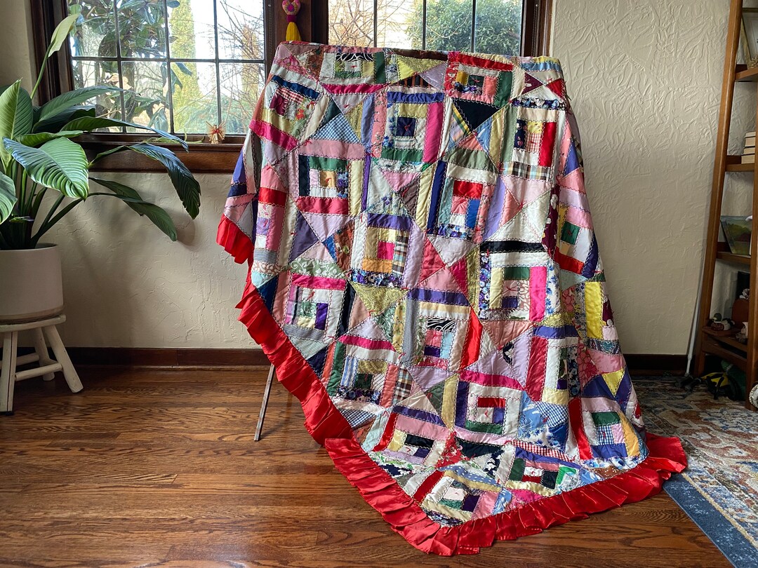 192040s Log Cabin Crazy Quilt, Log Cabin Quilt, Vintage Quilt for Sale
