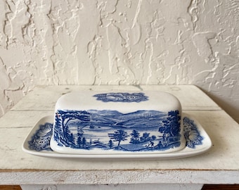 Vtg Staffordshire Liberty Blue Butter Dish, Vintage Butter Dish, Blue Transferware, Transferware Butter Dish, Colonial Kitchen
