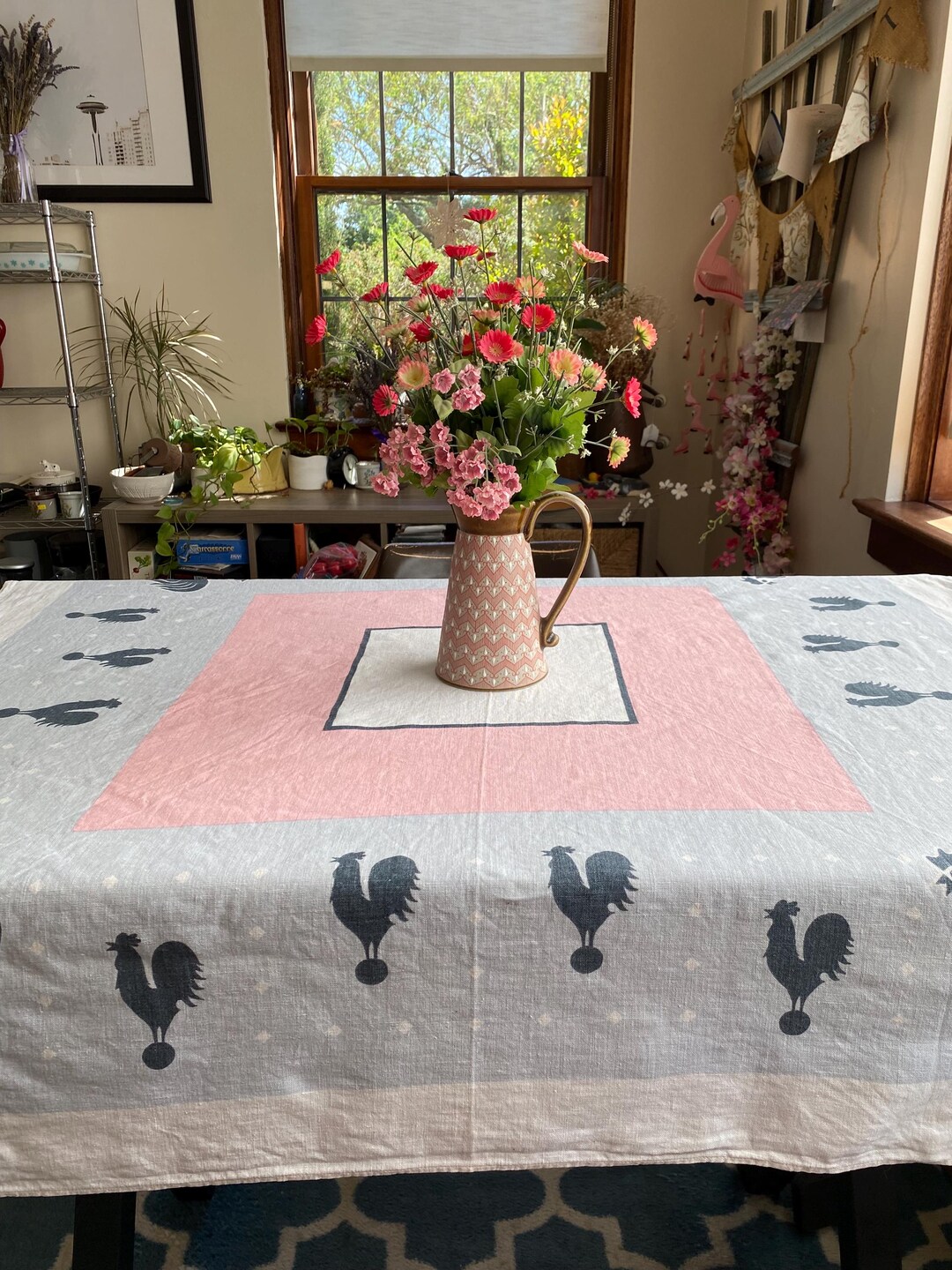 1950s Rooster Tablecloth, Vintage Chicken Tablecloth, Country Kitchen ...