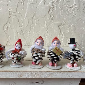 6 1950s Shiny Brite Pinecone Ornaments, Putz Elves, Putz Gnomes, Putz Elves Japan, Shiny Brite Elves, Vintage Gnome, Shiny Brite Snowman