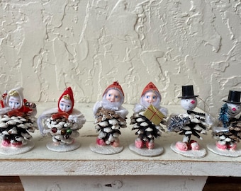 6 glanzende Brite-dennenappelornamenten uit de jaren 1950, Putz Elves, Putz Gnomes, Putz Elves Japan, Shiny Brite Elves, Vintage Gnome, Shiny Brite Snowman