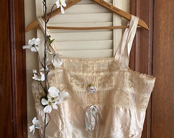 1910-20s Pink Silk Filet Lace Camisole, Camisole, 1920's Camisole, Antique Bra,