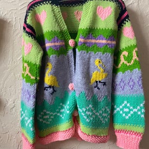 ヴィンテージ ハンドメイド ダック カーディガン セーター、手編みセーター、ヴィンテージ セーター、ヴィンテージ カーディガン、ダック カーディガン、ダック セーター、ハート セーター