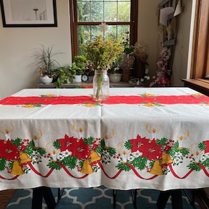 Vintage Scandinavian Christmas Bell Tablecloth, Mid Century Christmas, Scandinavian Christmas, Scandinavian Tablecloth, Poinsetta Tablecloth