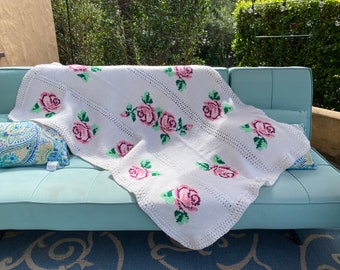 Vintage Tunisian Cross Stitch Pink Rose Blanket, Tunisian Crochet Blanket, Hand Crochet Blanket, Rose Blanket Crochet, Handmade Blanket
