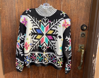 NOS 1993 Snowflake Sweater by Debra Lubell, Snowflake Sweater, Vintage Sweater, Mock Turtle Sweater, Vintage Sweater for Women