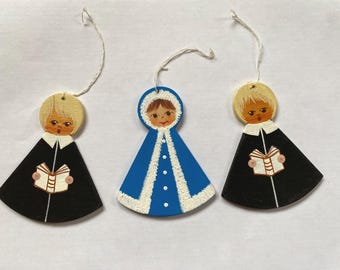 3 VTG Oost-Duitse Caroler-ornamenten, houten kerstversieringen, kerst uit het midden van de eeuw, Duitse kerstversieringen, houten ornamenten