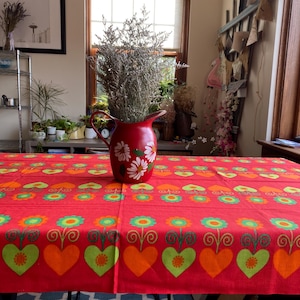 1960s Retro Danish Heart Tablecloth, Scandinavian Tablecloth, Denmark Tablecloth, Scandinavian Home Decor, Valentines Day Tablecloth
