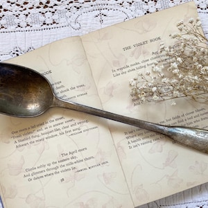 May include: A tarnished silver-toned metal spoon with an elongated handle featuring an engraved inscription that reads Rochambeau. The spoon is positioned diagonally across an open book titled The Violet Book, which contains printed poetry text.