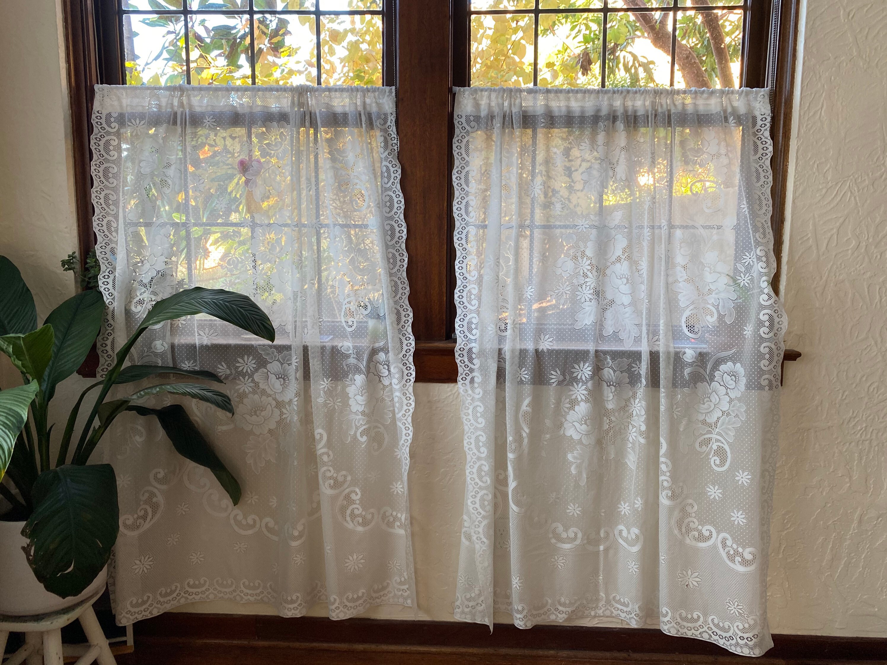 Pair of Vintage Flower Lace Curtain Panels Lace Drapes Etsy