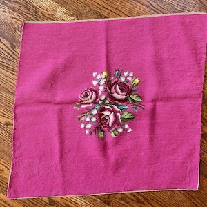 Vintage Hot Pink Rose Tapestry Needlepoint Panel, Vintage Needlepoint, Rose Needlepoint, Needlepoint for Chair, Hot Pink