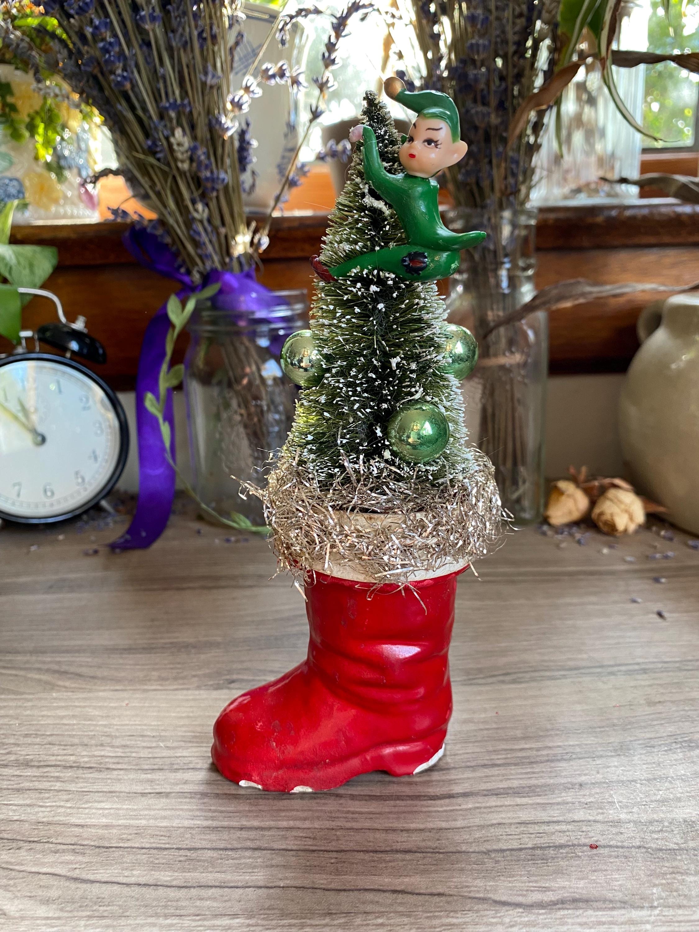 1950/60s Handmade Xmas Tree in Santa Boot, Santa Boots Decor, Mid