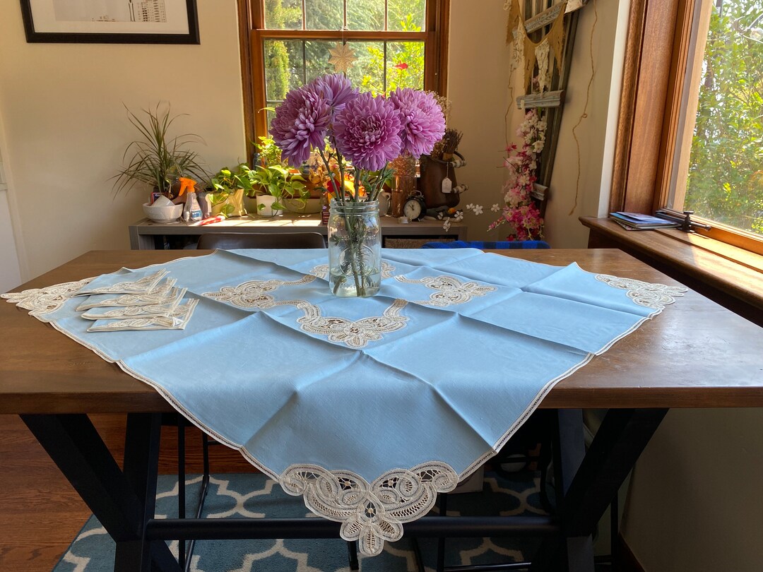 Vintage Brussels Lace Tablecloth Napkin Set, Vintage Brussels Lace